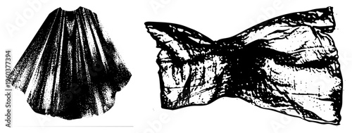 Black and white halftone print showing draped textile, fabric samples, textile design study, garment material textures, fashion industry reference.