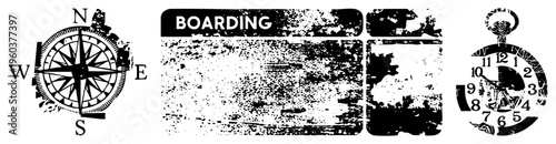 Worn compass with cardinal points, distressed boarding pass graphic, antique pocket watch face all isolated vector for travel or time themes.