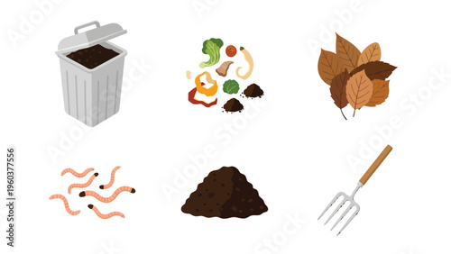 Composting Process Elements: Organic Waste, Leaves, Worms, Compost, Bin, and Garden Fork. Sustainable Recycling Graphic.
