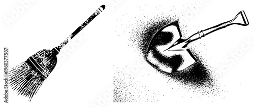 Classic cleaning implements rendered in dot matrix halftone, broom with bristles, shovel with scoop, retro graphic design, household maintenance tools.