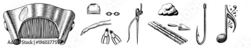 Hand drawn including snorkel gear, fishing hook, musical note, and more, rendered in detailed art, ideal for graphic design or UI elements.