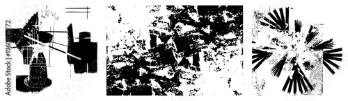 Fragmented vector shapes with halftone textures, stylized angular forms, graphic design elements, art, digital illustration.