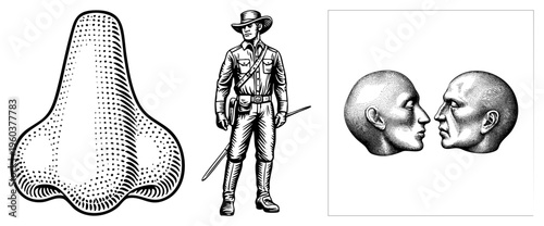 Classic halftone art of human nose, lone cowboy with rifle, two facing male profiles, retro engraving style, vector graphics.