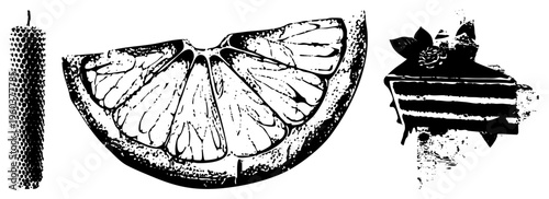 Stylized citrus wedge, textured candle, layered cake with rose garnish, halftone vector art, dessert and beverage, graphic elements.