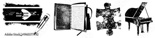 Pencil sketching musical notes, open notebook with, puzzle piece silhouette, piano keys all rendered in bold halftone style, ideal for design assets or educational content.