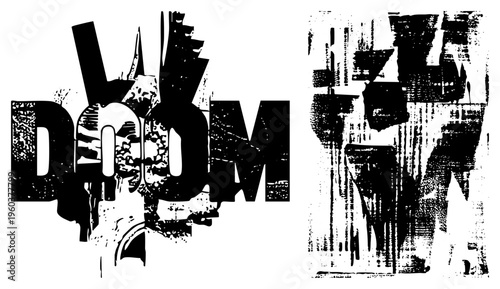 Graffiti inspired typography spelling "DOOM", fragmented letterforms with distressed textures, stencil art style, urban street aesthetic, black and white vector graphic.