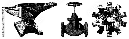 Black and white vector illustration of anvil, industrial gate valve, and mechanical gear, rendered in halftone texture with bold and woodgrain shading effect.