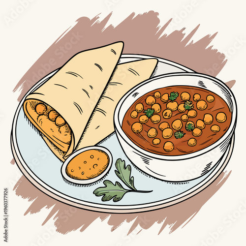 Indian Traditional Food Plate with Roti, Chickpea Curry and Dal Artistic Vector Illustration