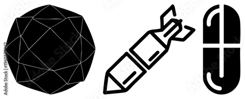 Black and white vector faceted sphere, stylized, capsule shape. Minimalist style, isolated elements for UI or branding.