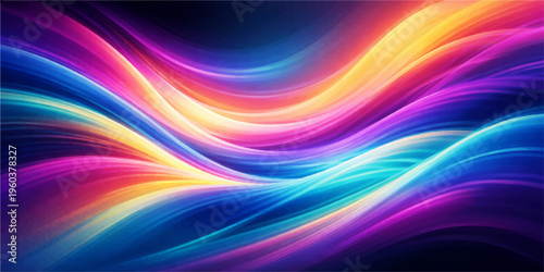 A smooth digital fractal wallpaper features bright rainbow waves and colorful swirl patterns creating an abstract motion texture with blue and green light curves