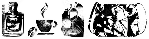 Nail polish bottle, coffee cup, wine glass with splash, crumpled paper bag all rendered in halftone vector art, isolated foreground elements.