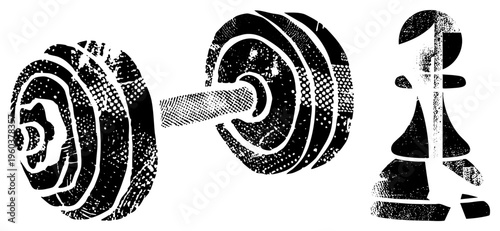 Gym equipment barbell with weights and chess pawn in distressed halftone style, fitness and strategy symbols, black and white vector illustration, isolated sports.