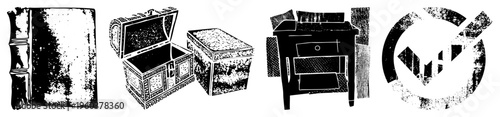 Stylized black and white vector of old book, treasure chest, dresser, and geometric logo, halftone texture, isolated objects, graphic design elements.