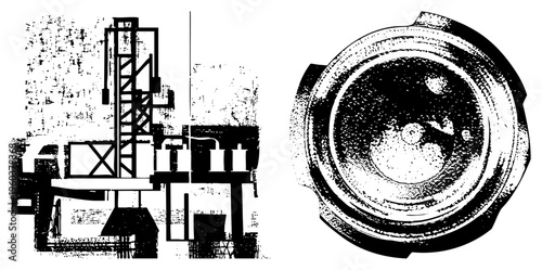 Offshore drilling rig structure with steel lattice framework, platform base, and mechanical gear assembly, technical engineering illustration.