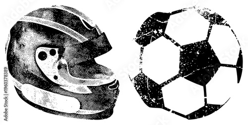 Vintage style racing helmet and classic soccer ball rendered in halftone dots, sport, motorsport gear, football equipment, graphic design elements.