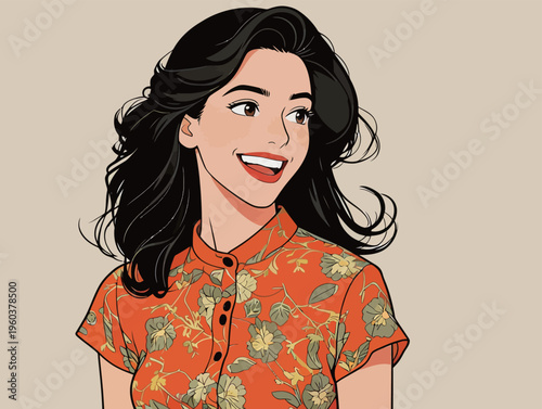Woman smiles while wearing a floral shirt with short sleeves and long black hair in a light background setting