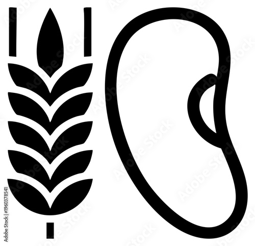 Black of wheat stalk and coffee bean, minimalist vector design, food production symbols, agricultural and beverage industry graphics.