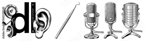 Classic studio microphones, vintage equipment, ear canal diagram, retro recording gear, illustration, anatomical drawing, engineering tools, sound capture devices.