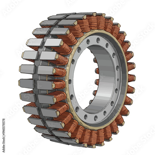 Close-up perspective of an electric motor stator with copper windings and metal components, showcasing intricate industrial design