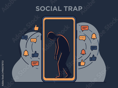 Flat vector illustration depicting a person trapped inside a smartphone screen surrounded by social media icons, symbolizing a social media trap.