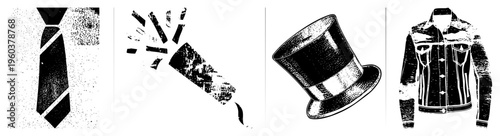 Vintage style vector illustrations striped necktie, smoking cigar with, elegant top hat, and denim jacket with diamond accents. Retro graphic design elements.