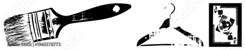 Three vector paintbrush with bristles, clothing hanger, and ace of spades card, rendered in high contrast black and white with distressed texture. Artistic, graphic, stencil style elements.