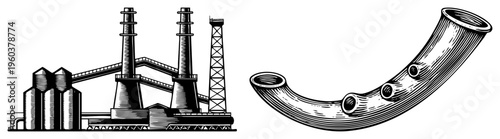 Industrial plant with smokestacks and silos, heavy machinery, factory infrastructure, steel pipes, manufacturing facility, production plant.