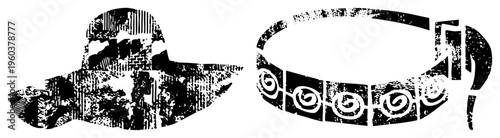 Retro style hat and belt with textured halftone effects, graphic design elements, vintage fashion accessories, vector art, distressed print aesthetic.