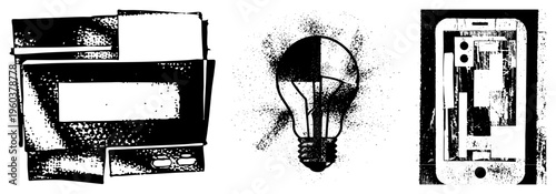 Retro camera, glowing bulb, smartphone cutout, halftone, vector art, tech nostalgia, creative tools, digital analog hybrid.