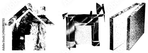 Black and white halftone graphic featuring stylized house, abstract container, and textured panels, vector art with dotted shading, isolated foreground elements.