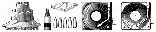 Record player decks spinning vinyl, mold, glue bottle, acrylic nails, halftone engraved vector illustrations, isolated objects.