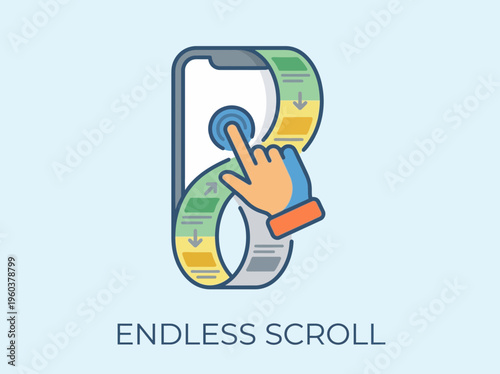 Creative flat icon illustrating a finger touching a smartphone screen with an endless scroll of information, representing endless scrolling.