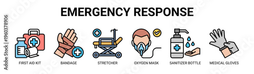 Emergency Response web banner icon vector illustration concept with icons of first aid kit, bandage, stretcher, oxygen mask, sanitizer bottle, and medical gloves.