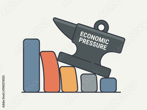 Anvil labeled 'Economic Pressure' crushing a bar graph, illustrating financial hardship, recession, and business downturn.