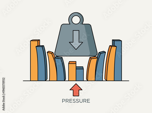 Heavy weight pressing down on a bar graph, with 'PRESSURE' indicated below, representing economic or financial stress and strain.