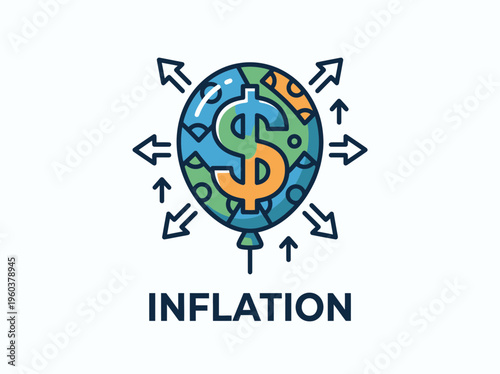 Conceptual illustration of economic inflation represented by a balloon with a dollar sign and arrows indicating expansion and rising prices.