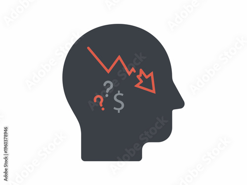 Minimalist icon depicting a human head silhouette with a downward trending graph, question marks, and dollar signs inside, symbolizing confusion and financial decline.