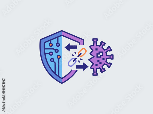 Vector icon illustrating digital security and protection against viruses, showing a shield with circuitry and a broken chain linking to a virus symbol.