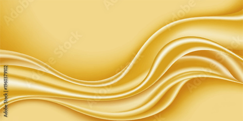 An abstract golden silk background features smooth flowing waves of orange and yellow light with a soft curve design creating a luxurious motion texture for a vector art wallpaper backdrop