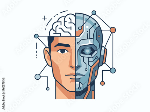 Split portrait of a human face and a cyborg face, illustrating the fusion of humanity and artificial intelligence, mind and machine.