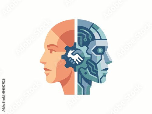 Profile view of a human head and a robot head joined, with a handshake inside a gear, symbolizing human-robot collaboration and partnership.