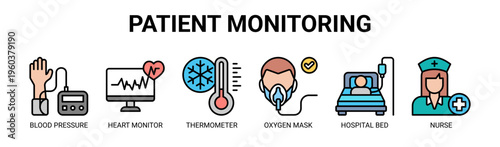 Patient Monitoring web banner icon vector illustration concept with icons of blood pressure, heart monitor, thermometer, oxygen mask, hospital bed, and nurse.