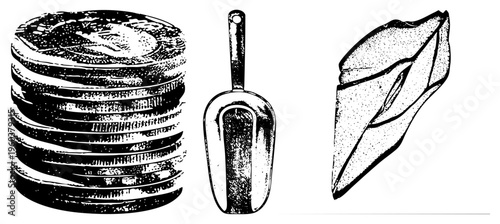 Stacks of currency coins, vintage ice scoop, fragmented stone tool, halftone engraved vector graphics, illustration set.