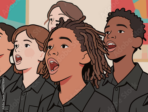 Children sing in a school choir during a music class in a bright room filled with art