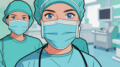 Group of medical workers preparing for a procedure in a hospital environment during daylight hours