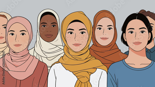 Group of women with different backgrounds and styles in colorful headscarves gathered together in a friendly setting