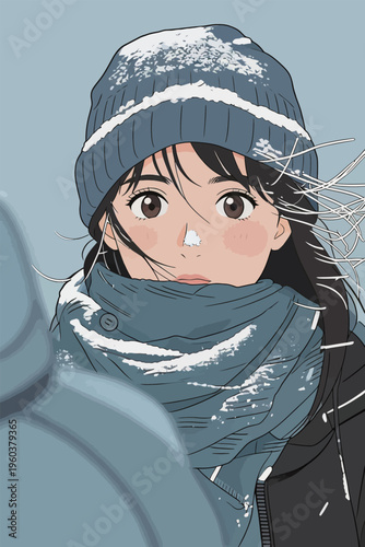 Girl with a hat and scarf standing in a snow scene, showing winter weather and cold air conditions