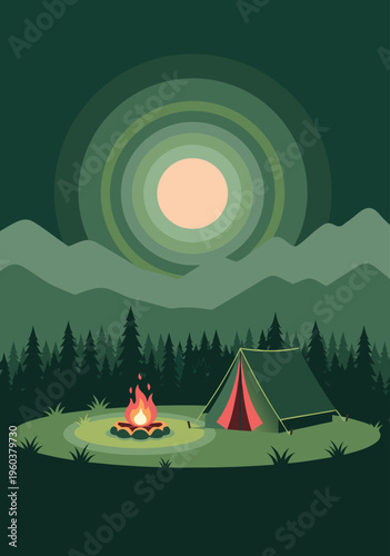 Camping adventure vector illustration of a tent and campfire under a moonlit sky with mountains in the background