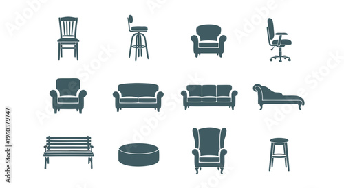 Vector illustration of a variety of furniture icons for interior design and home decor, including chairs, sofas, and benches