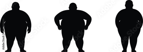 obese man silhouettes set, overweight male body shapes collection, human figure variations, health concept, black white vector illustration design